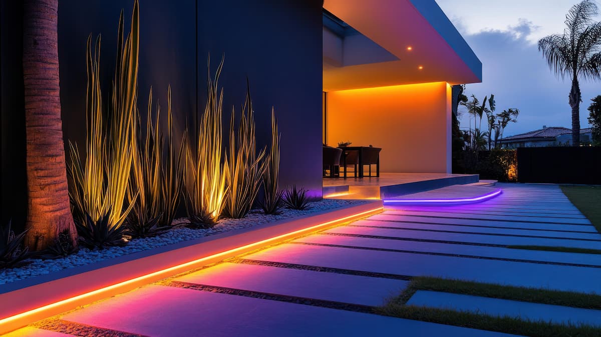 Modern outdoor patio lighting design with colorful LED strip lights
