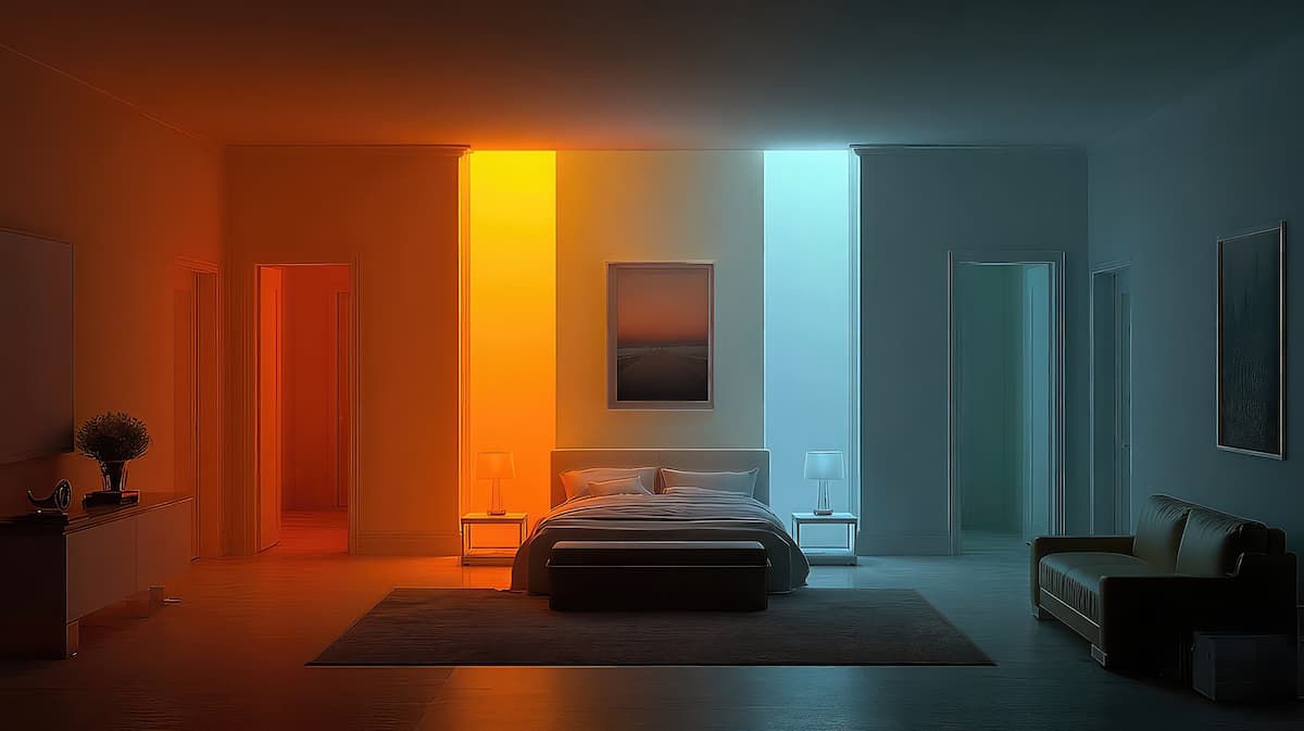 Smart lighting system affecting circadian rhythm with color temperature visuals, hormone release tracking, and personalized light therapy for health enhancement