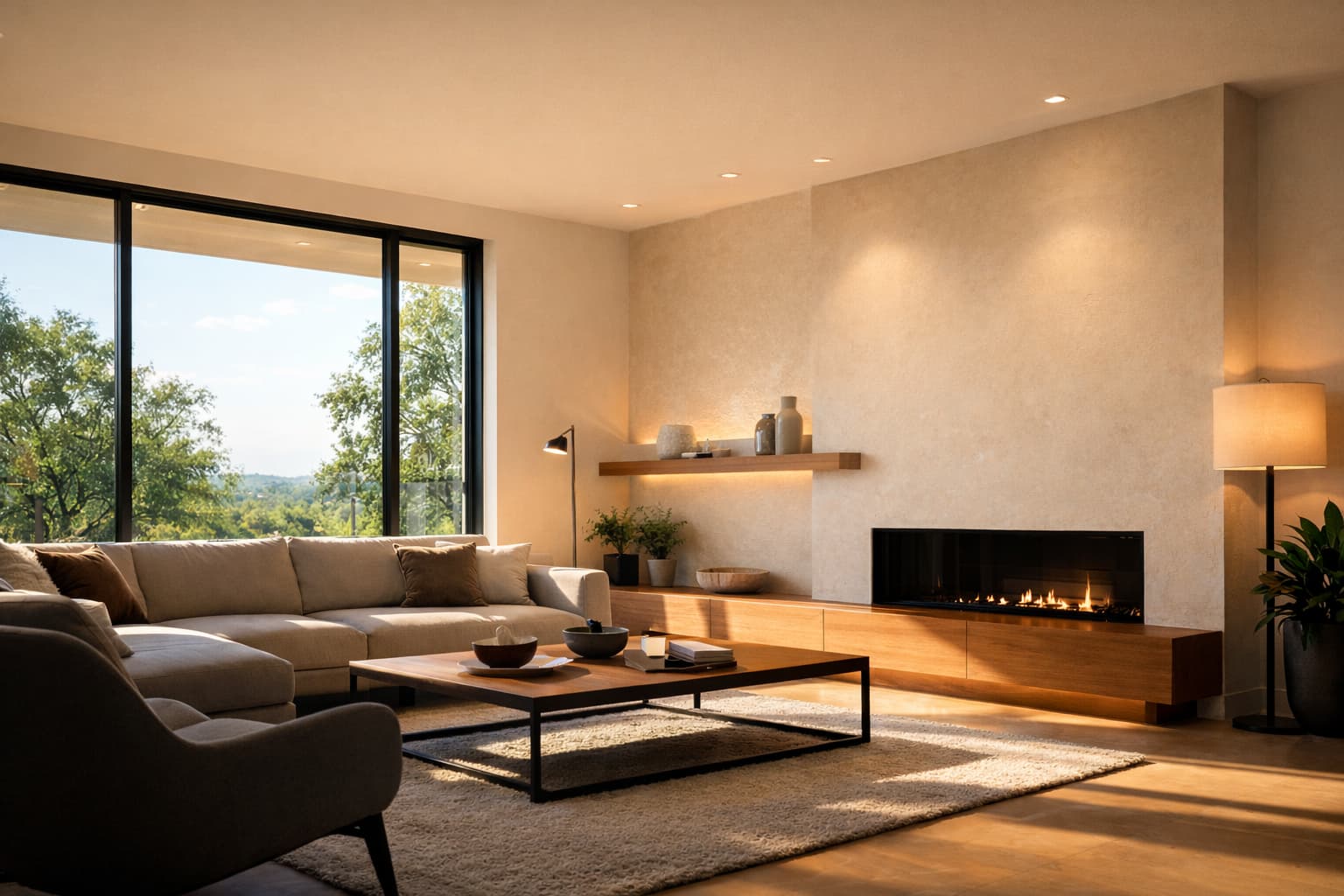 Energy-efficient smart lighting balancing sunlight in an Austin home during summer