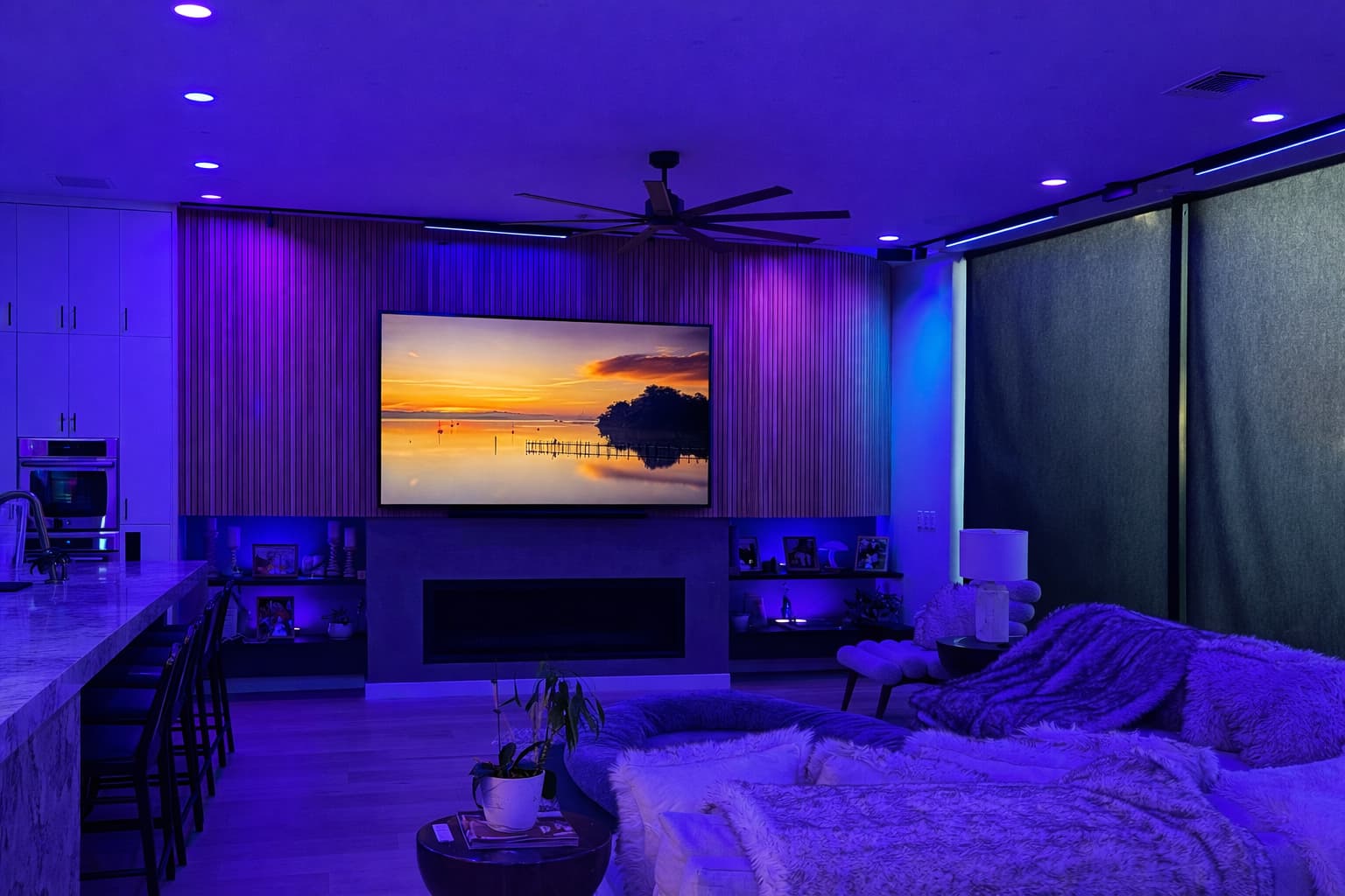 Austin living room after RGB smart lighting transformation with immersive architectural ceiling lighting