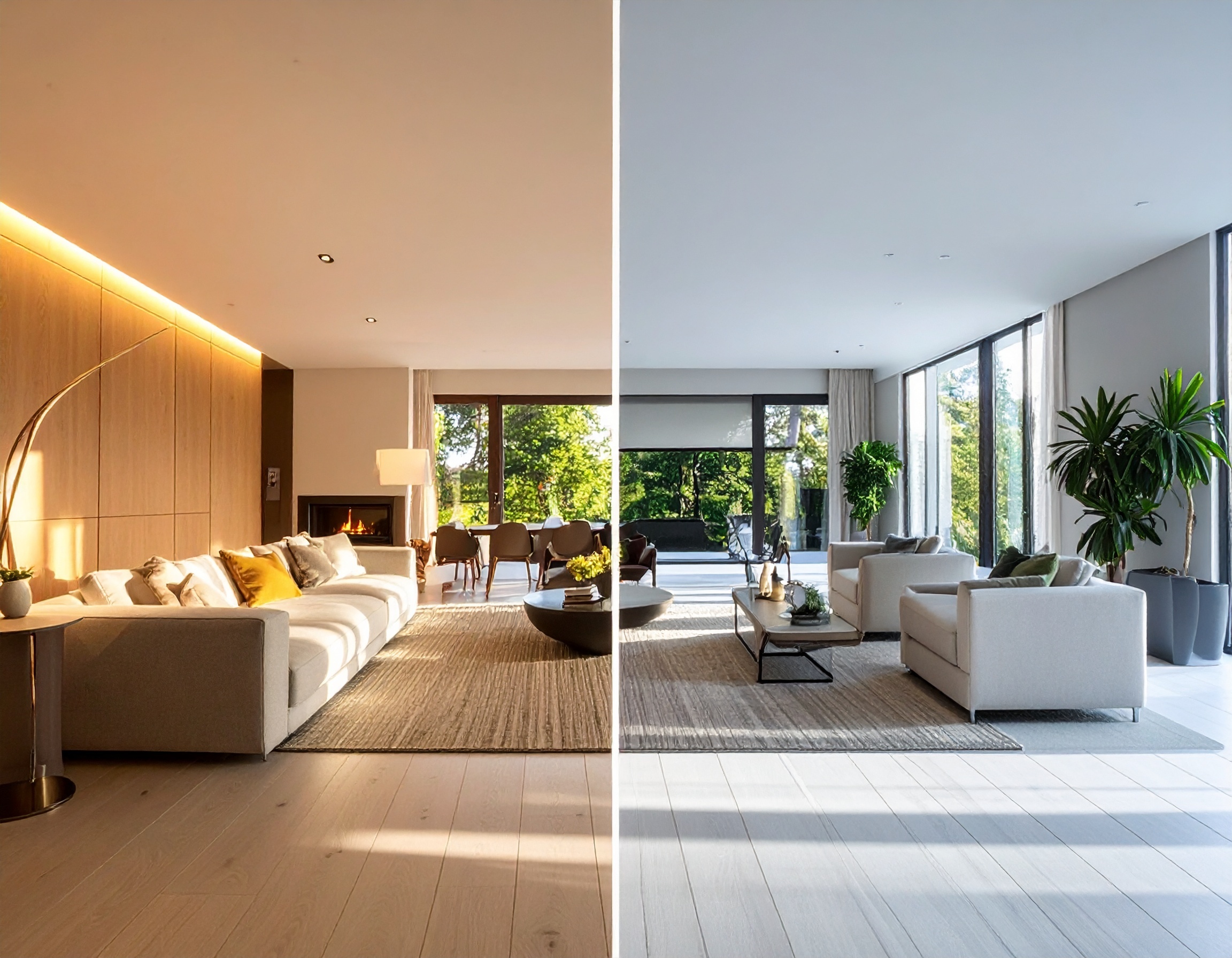 Firefly_Split-screen living room showing cool daylight vs warm amber lighting 948933