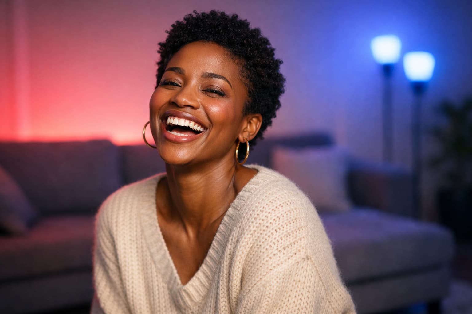 cheerful-woman-in-lighted-room