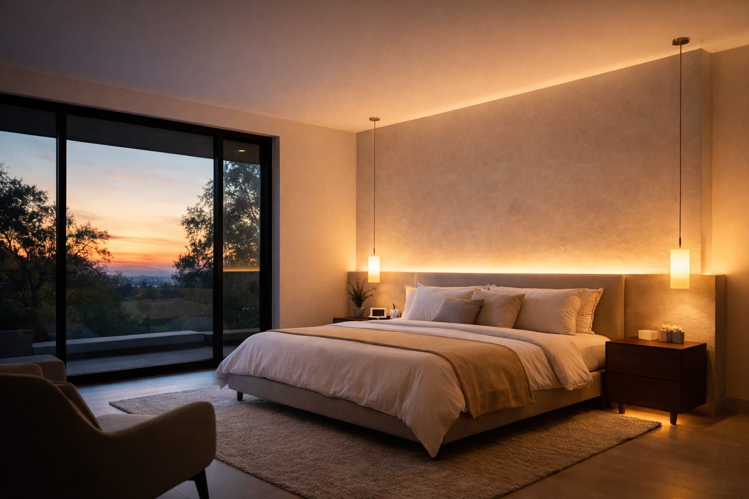 Energy-efficient smart lighting balancing sunlight in an Austin home during summer