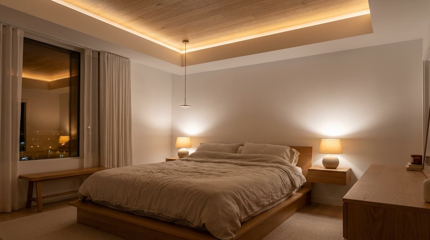 Warm circadian bedroom lighting in an Austin home with soft bedside lamps and indirect ceiling glow