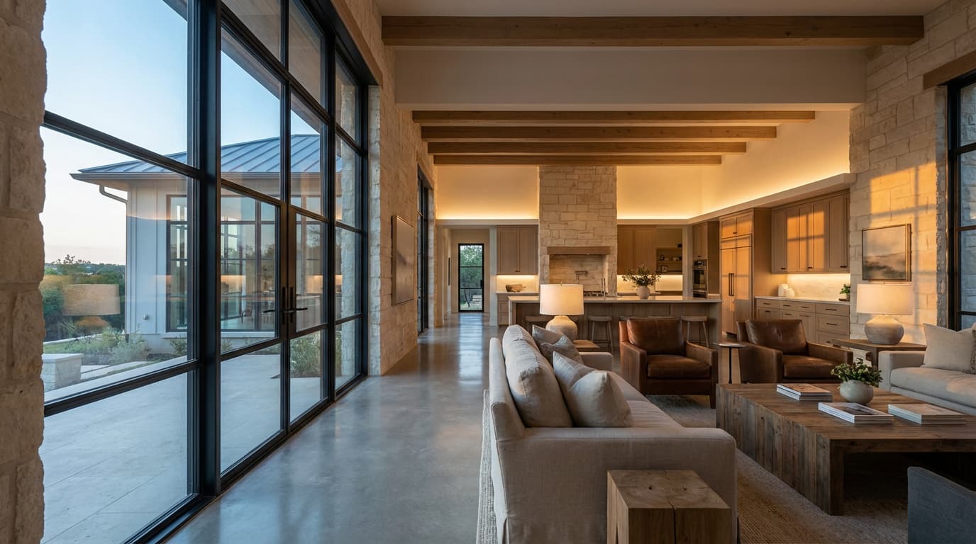 Austin open-concept home at sunset showing transition from natural daylight to warm interior lighting
