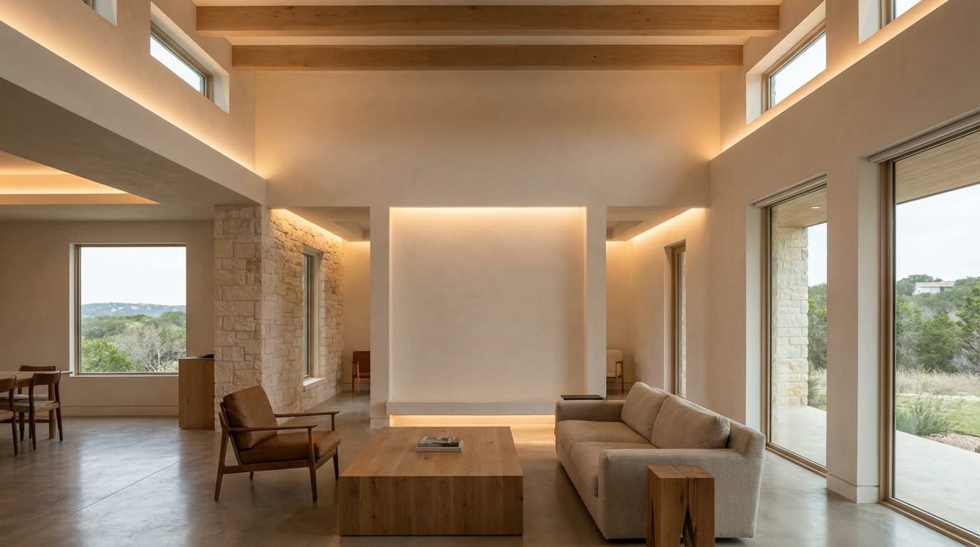 Ambient recessed lighting in a contemporary Austin home with high ceilings