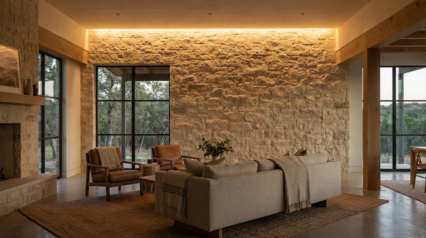 Accent wall washing in a modern Austin home creating depth and warmth