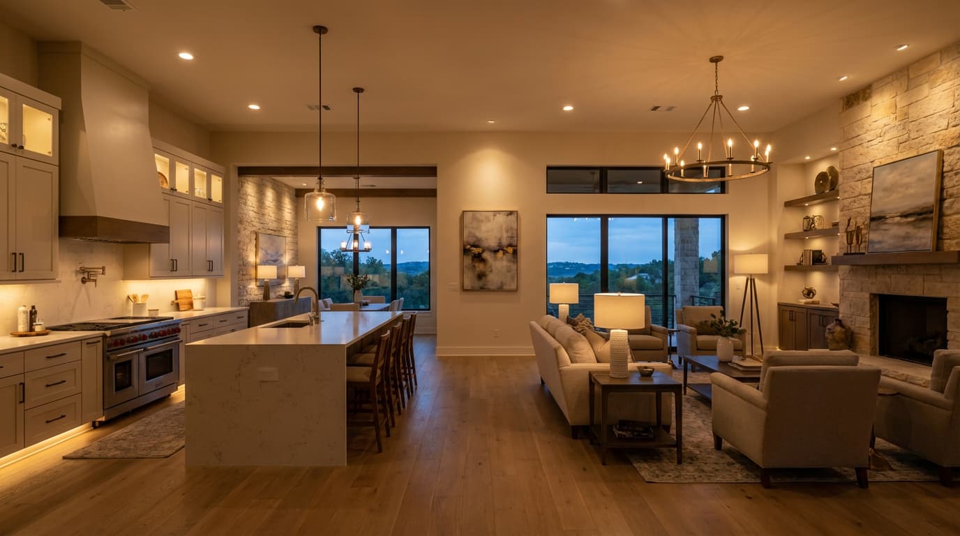 Open-concept Austin home with layered kitchen and living room lighting zones