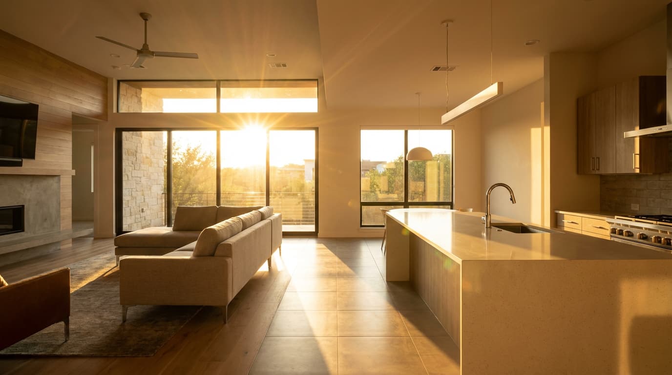 West-facing Austin living room with strong afternoon sunlight and interior glare contrast