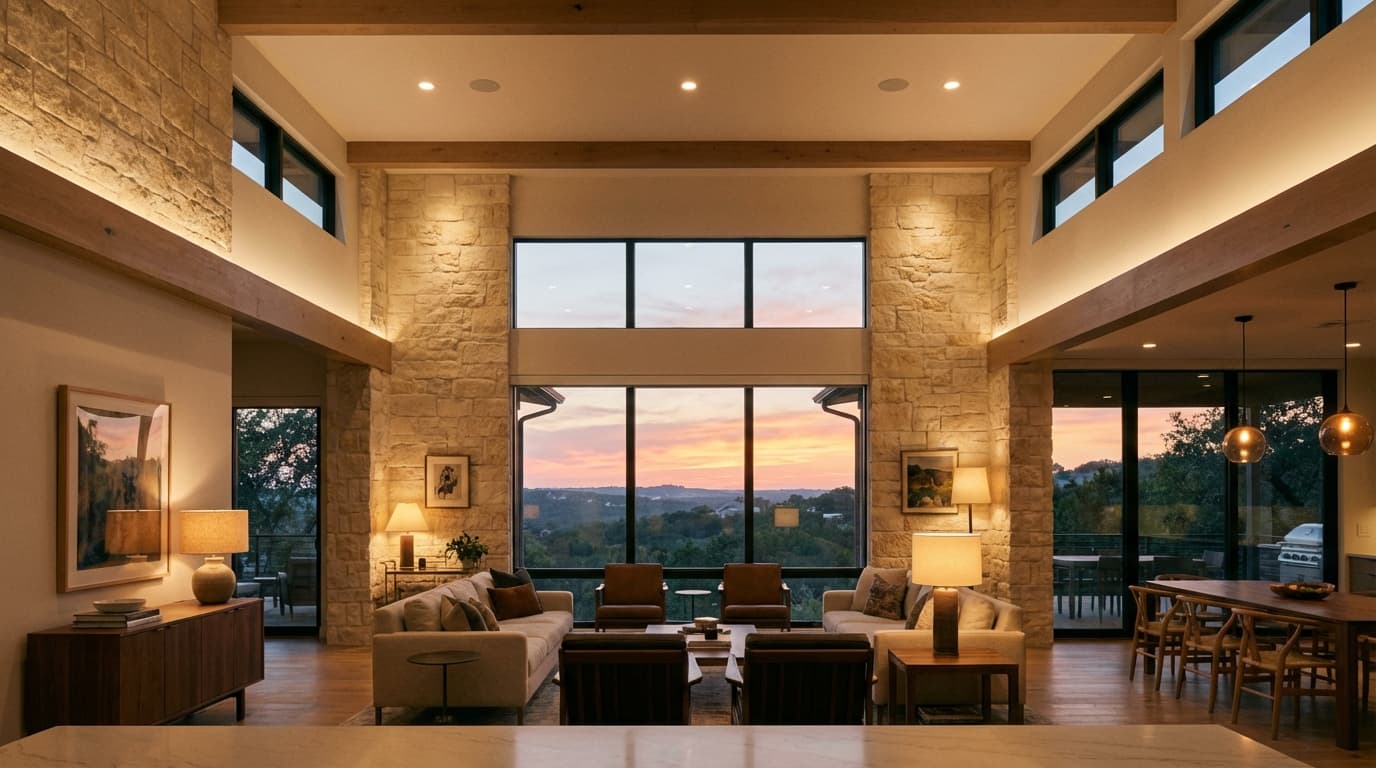 Austin home interior at sunset with layered lighting balancing fading daylight