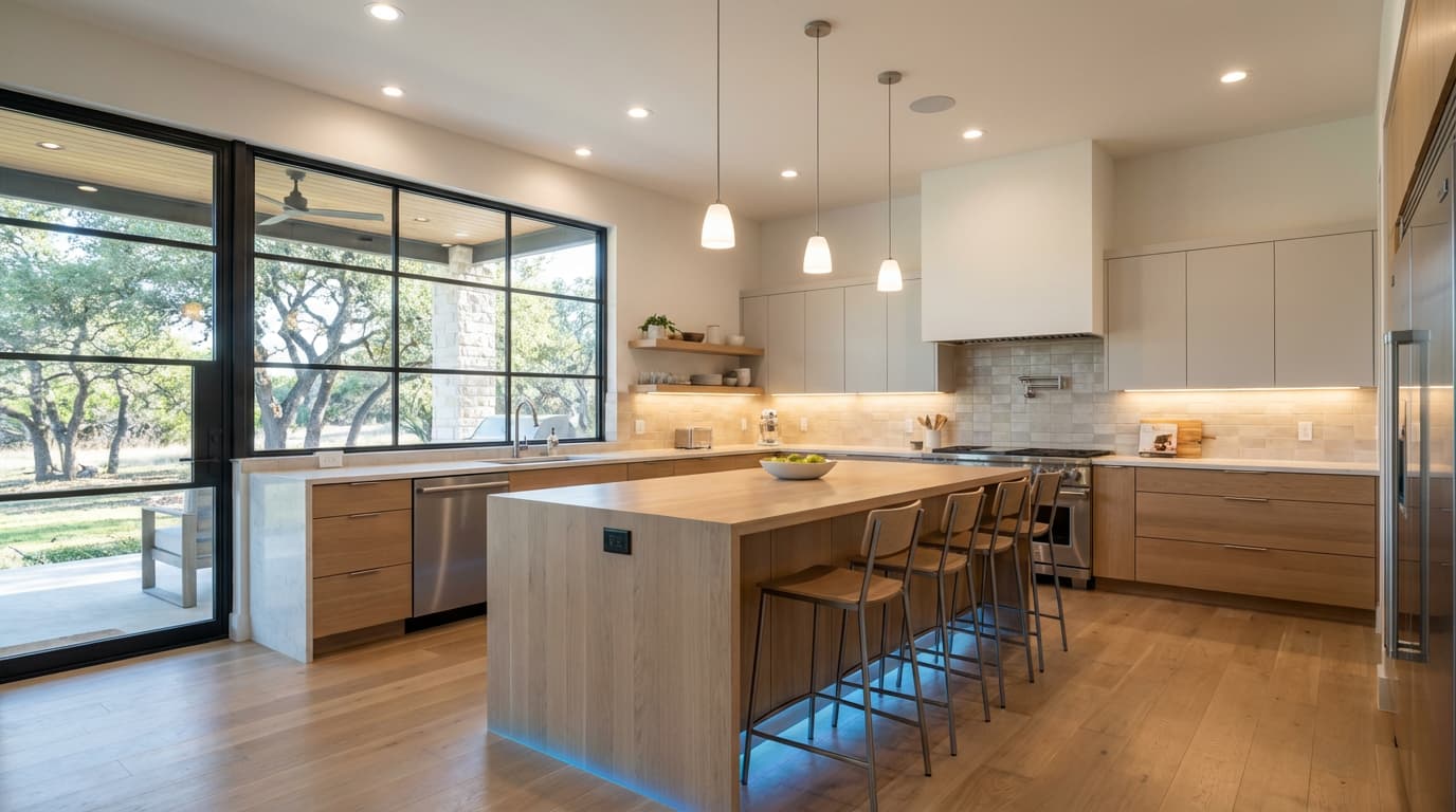 Austin kitchen morning lighting scene with neutral ambient light and subtle blue RGB toe-kick accent