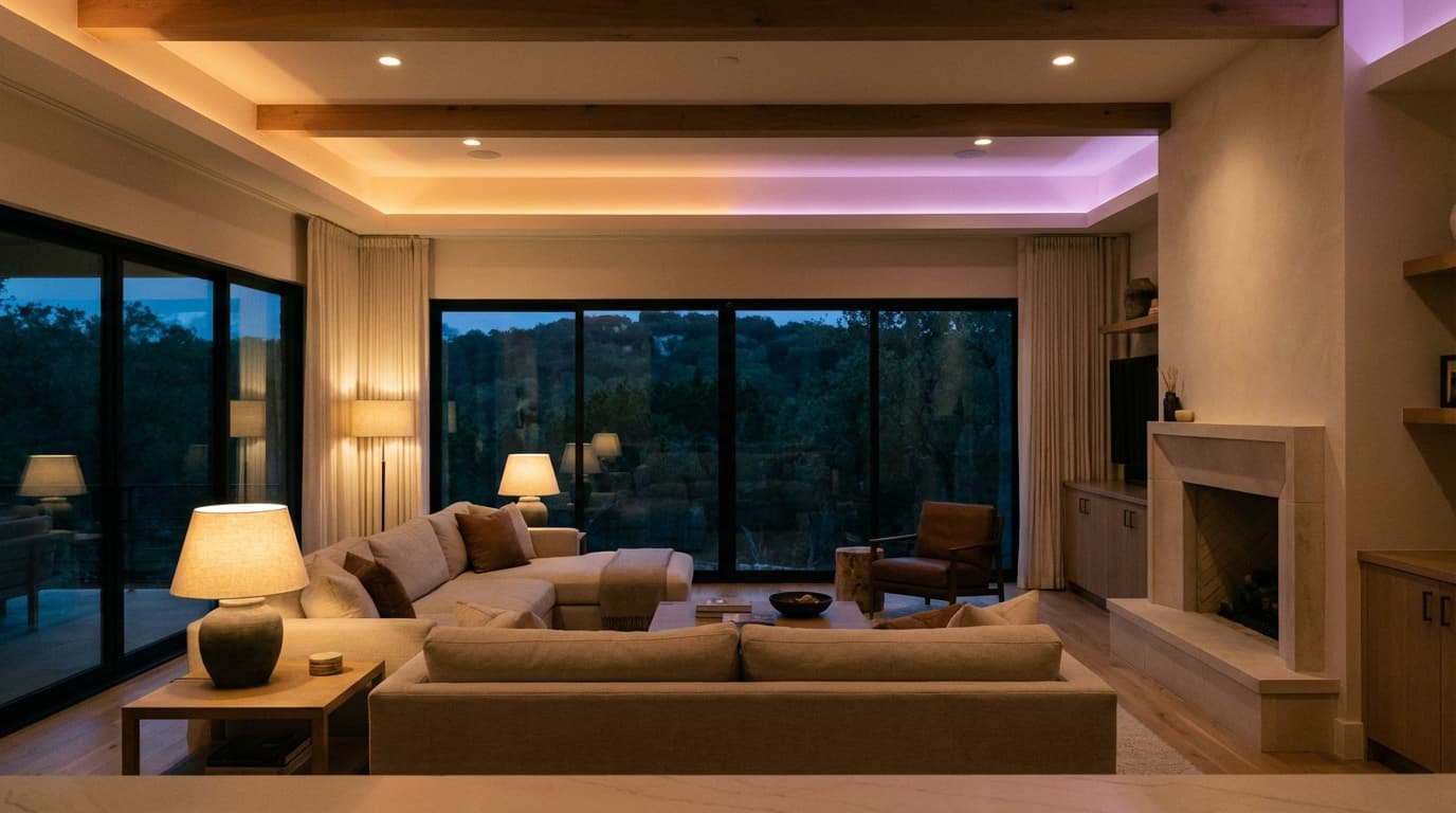 Evening lighting scene in Austin home with warm ambient light and soft violet RGB accent glow