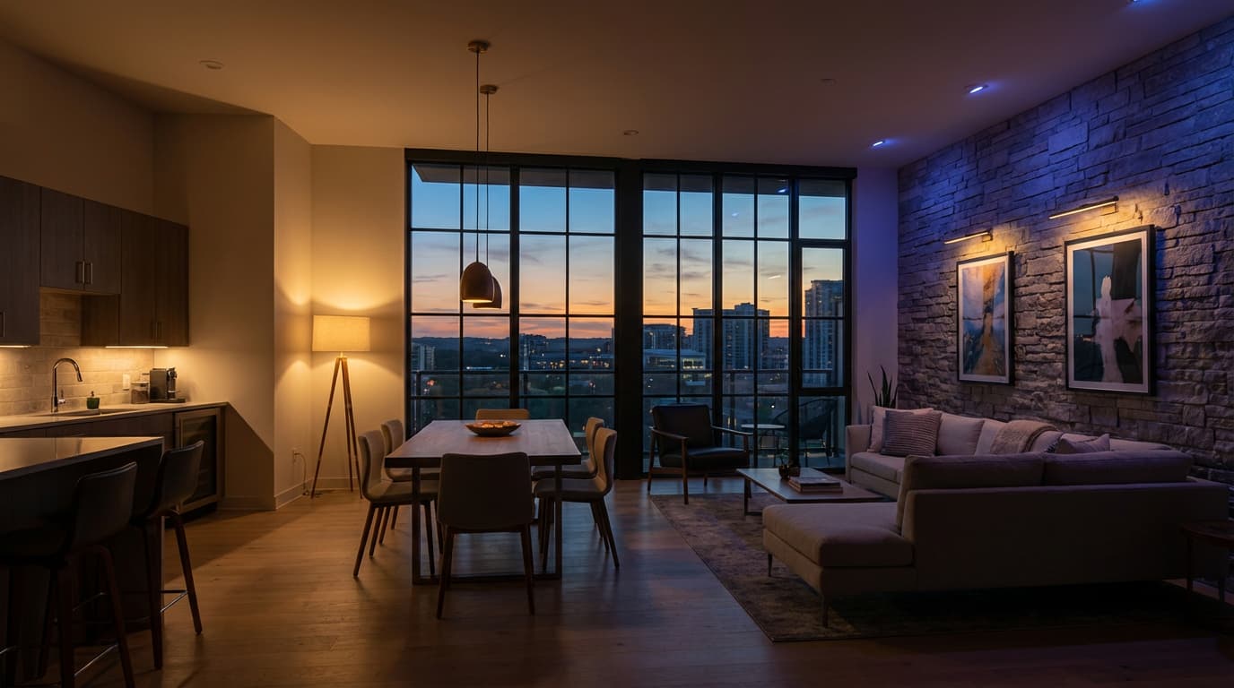 Austin open-concept home with entertaining lighting scene and refined indigo RGB wall washing