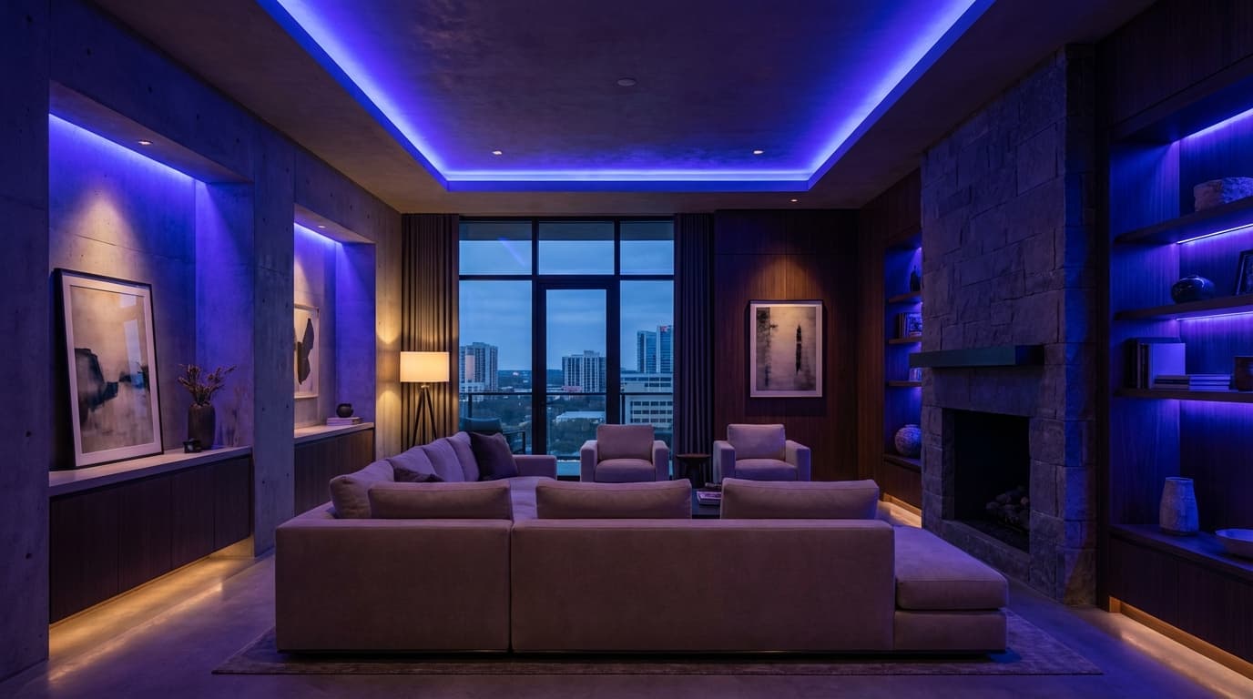 Cinematic RGB mood lighting in an Austin living room with blue and violet tones