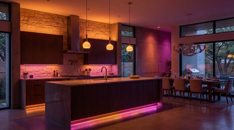 Austin kitchen with dominant magenta RGB mood lighting and under-cabinet glow