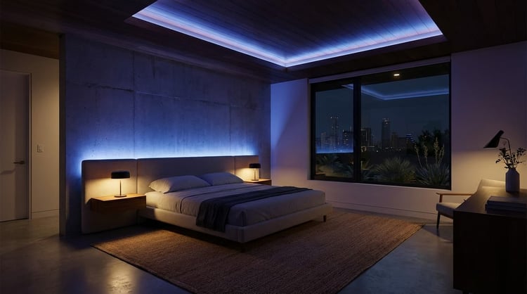 Austin bedroom with dominant indigo RGB ceiling lighting and immersive mood atmosphere