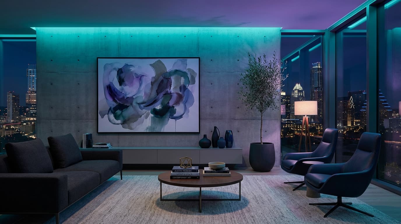 Modern Austin living room with dominant RGB ceiling lighting, abstract artwork, and curated contemporary decor