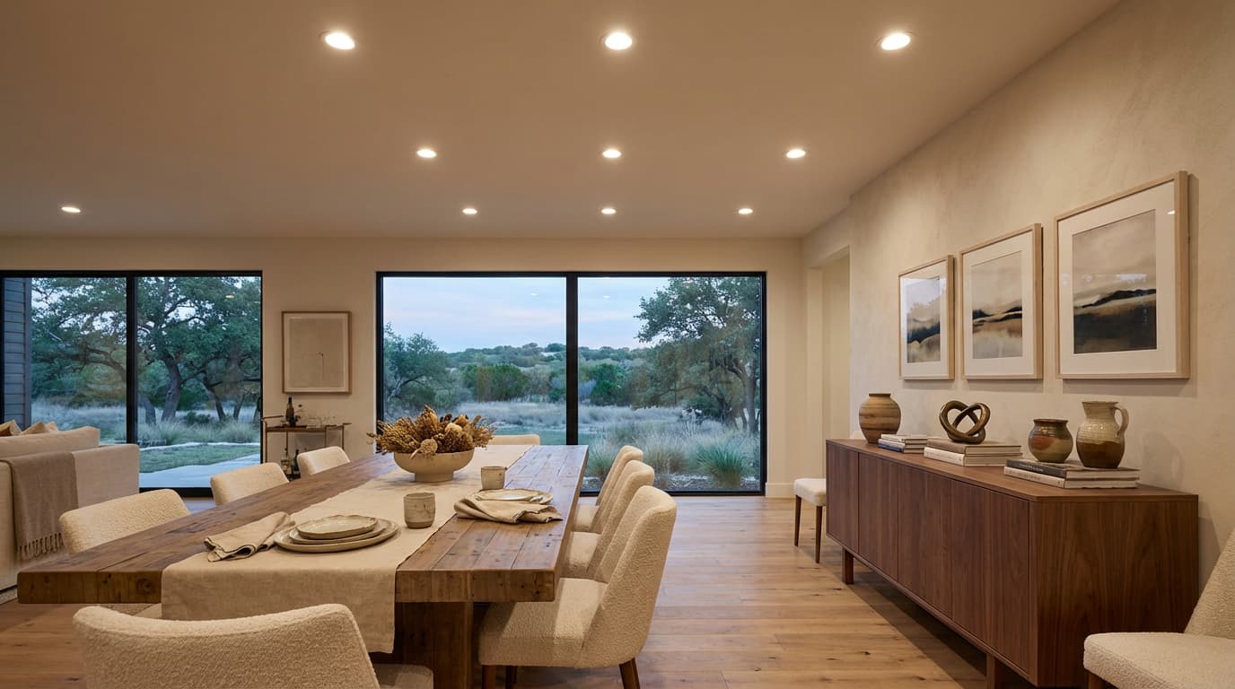 Example of ambient, task, and accent lighting layered in a modern Austin living room.