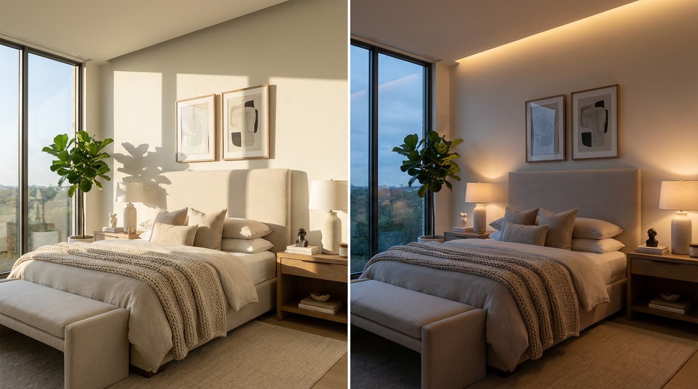 Austin bedroom showing transition from daytime neutral lighting to evening warm ambient lighting.
