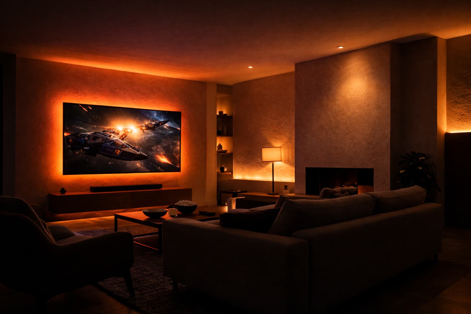 Smart accent lighting creating an immersive movie night atmosphere in an Austin living room