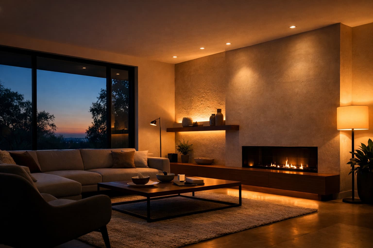 Smart lighting automatically adjusting in a modern Austin living room at dusk